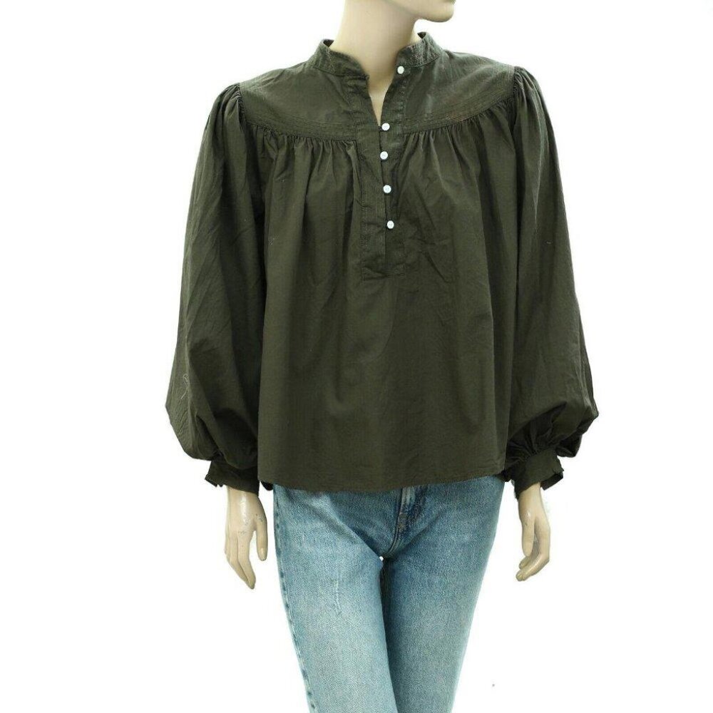 Merlette Solid Cotton-Voile Blouse Top Green Balloon Long Sleeve S NWD